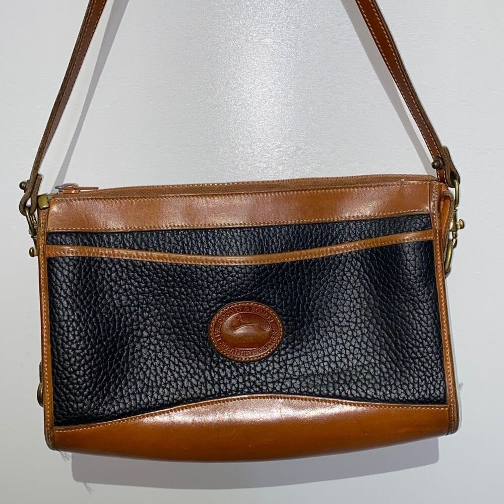 Vintage Dooney & Bourke All Weather Leather Navy Tan Crossbody Bag Brass Duck